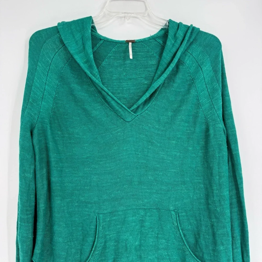 Free People Optimistic Linen Blend Green Hoodie Sweater Size Small Long Sleeves